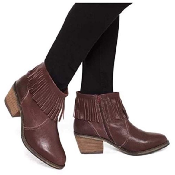 Lucy Wine Fringe Leather Boots - Picture 5 of 6